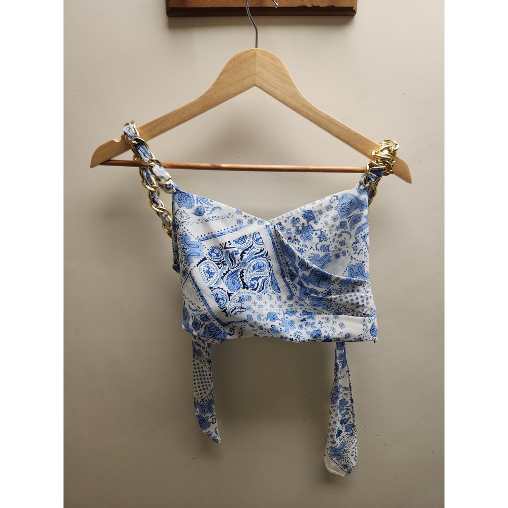 Storia Womens Blue White Paisley Crop Top‎ Gold Chain Straps Smocked Back Small